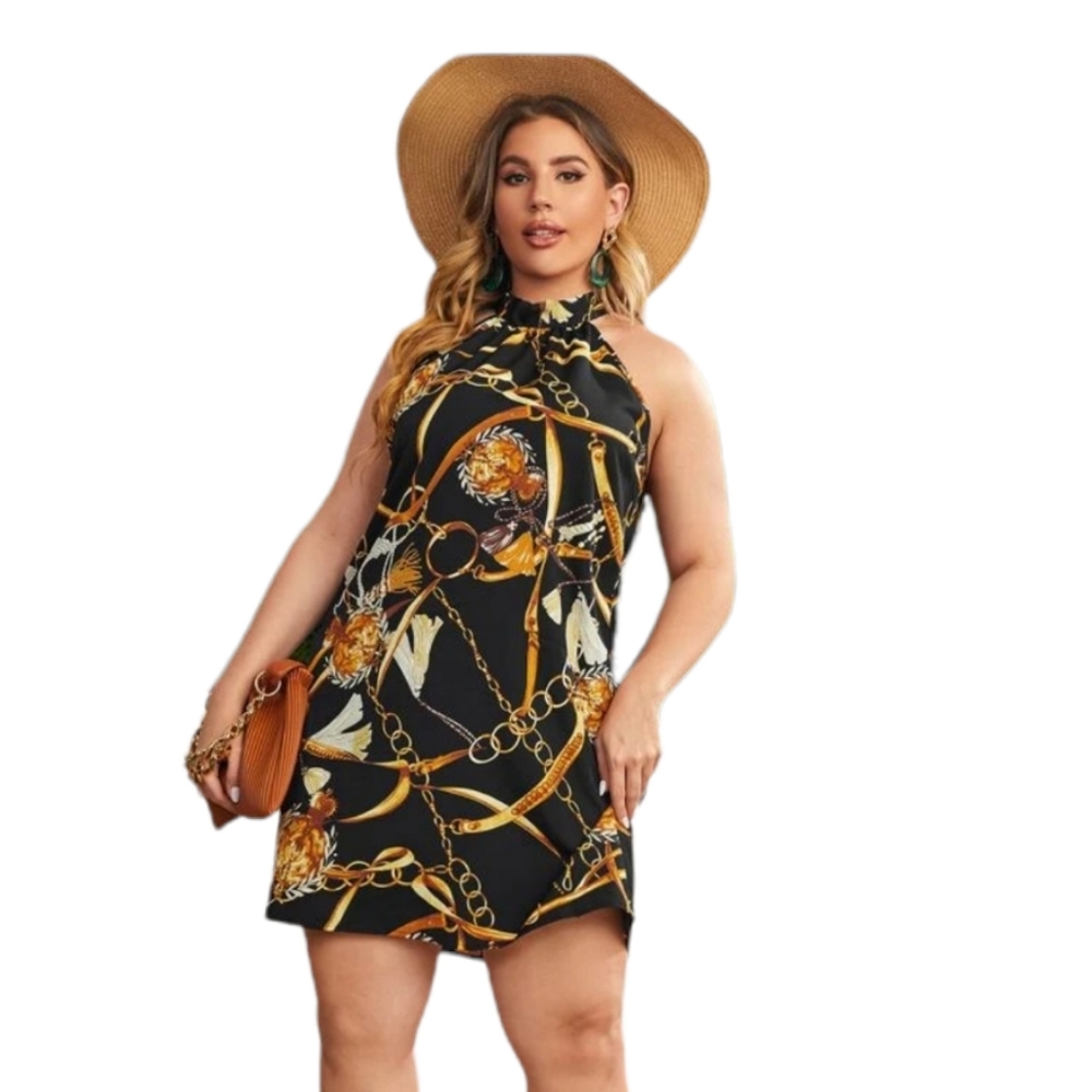 Tie Back Print Chain Halter Dress 3x